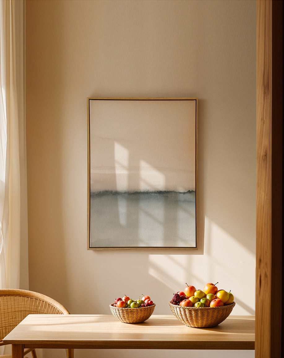 Watercolor landscape N 46 Soft coral & Gray 1/2 - Framed canvas in an interior
