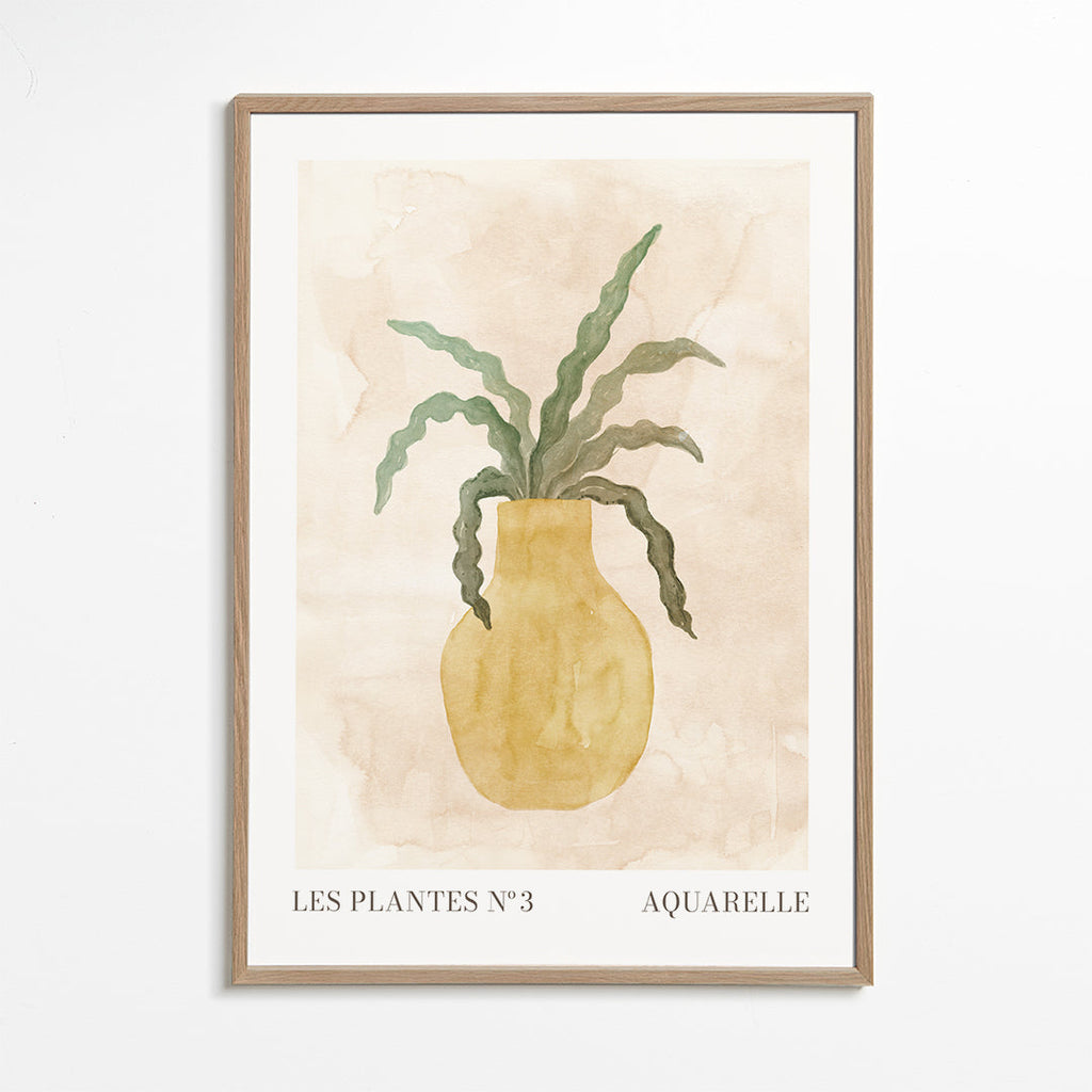 Botanický plakát: žlutá váza s vlnitými listy