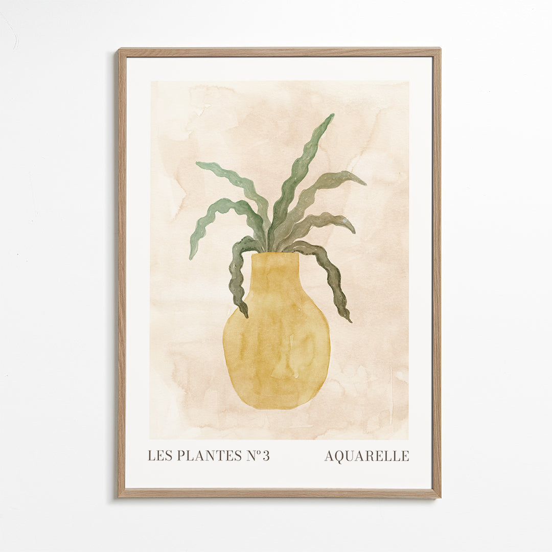 Botanický plakát: žlutá váza s vlnitými listy