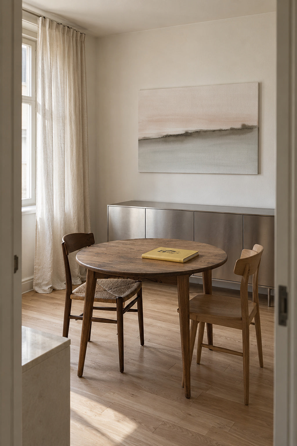 Abstract watercolor landscape in coral and sepia - Unframed canvas in an interior
