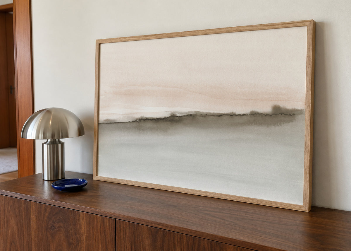 Abstract watercolor landscape in coral and sepia - Framed poster in an interior