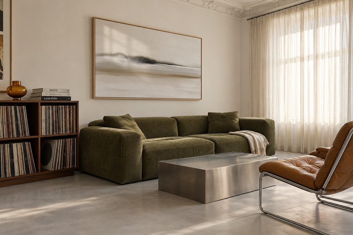 Hazy horizon in sepia and black watercolor - Framed canvas in an interior