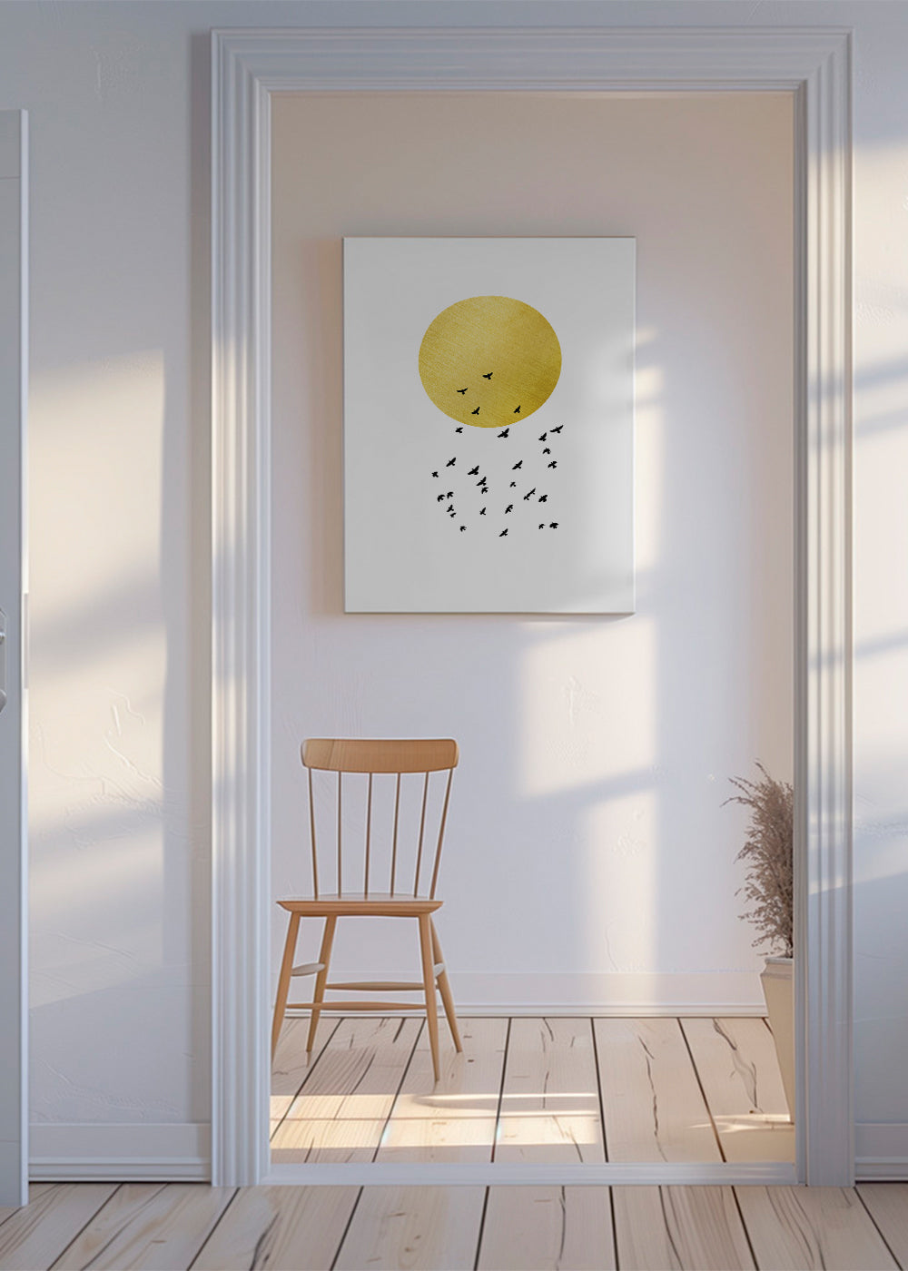 Minimalistický obraz zlaté slunce a hejno