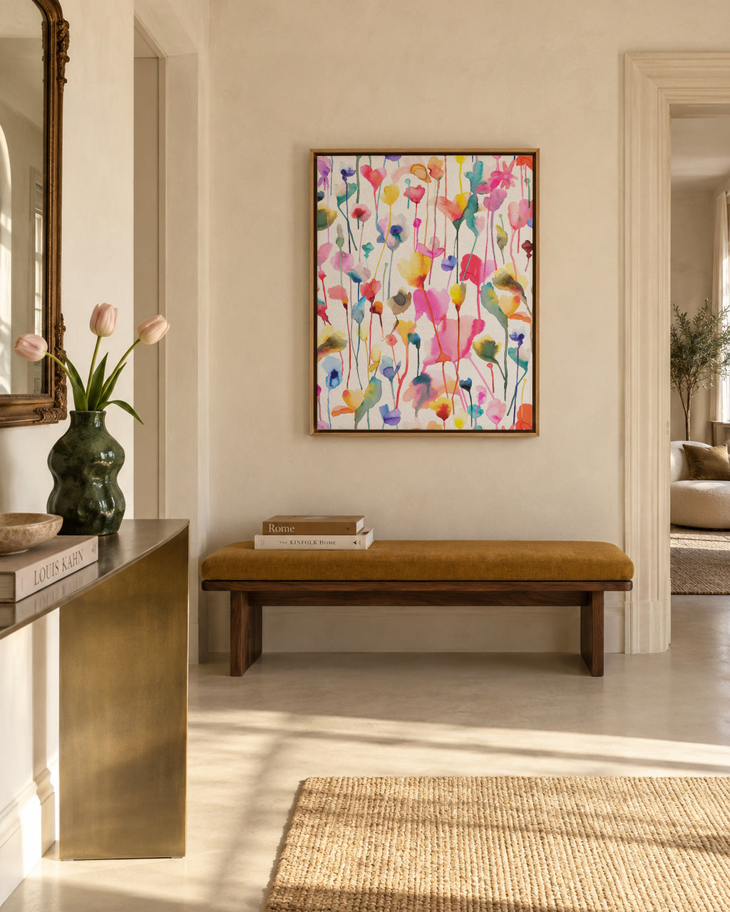 Wild Rustic Flowers Colorful - Framed canvas in an interior