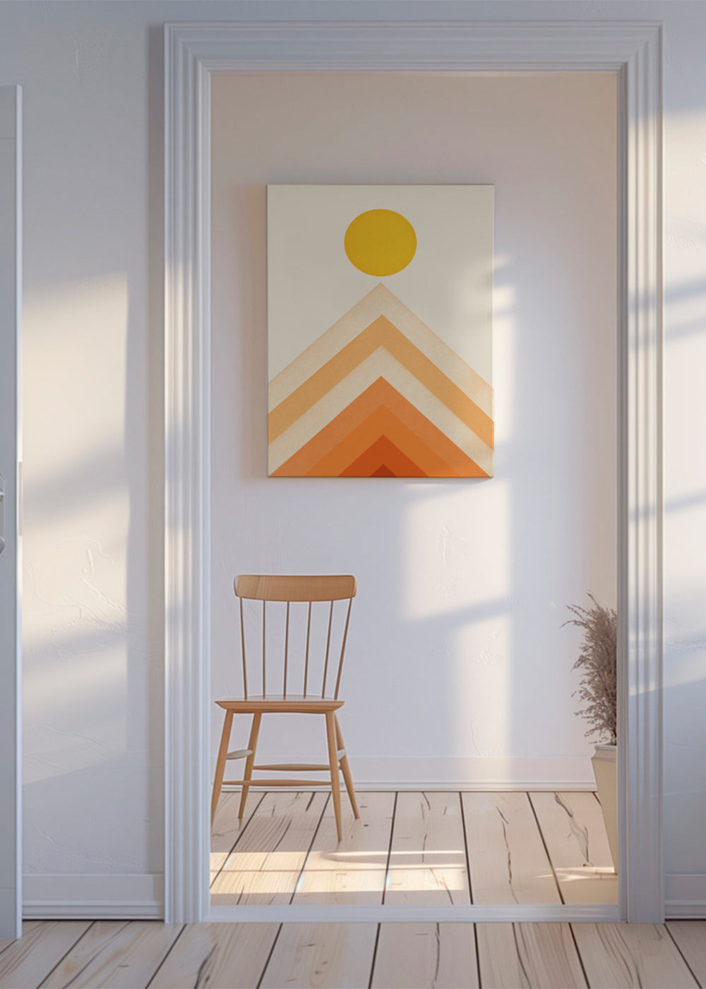 Geometrický obraz se sluncem a minimalistickými štíty