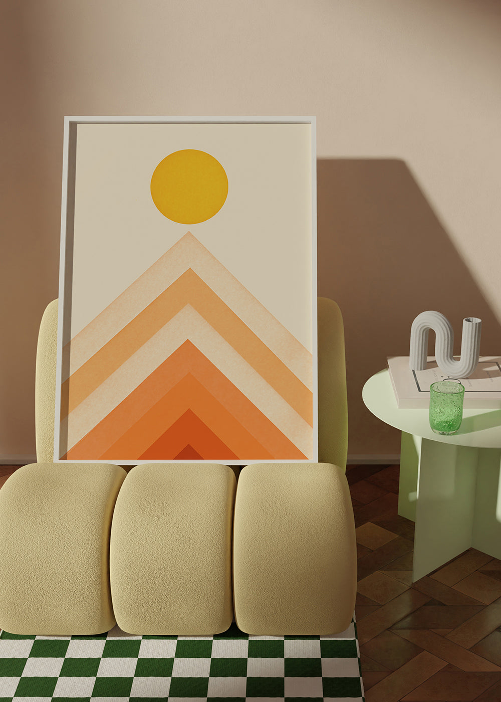 Geometrický obraz se sluncem a minimalistickými štíty