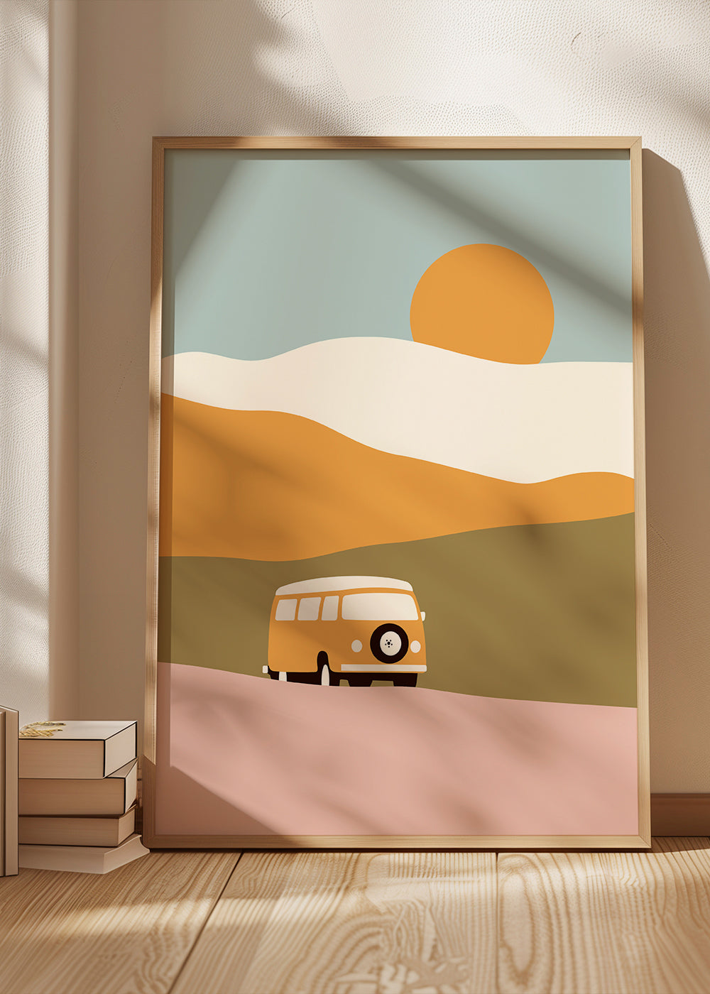 Minimalistický obraz s dodávkou a sluncem