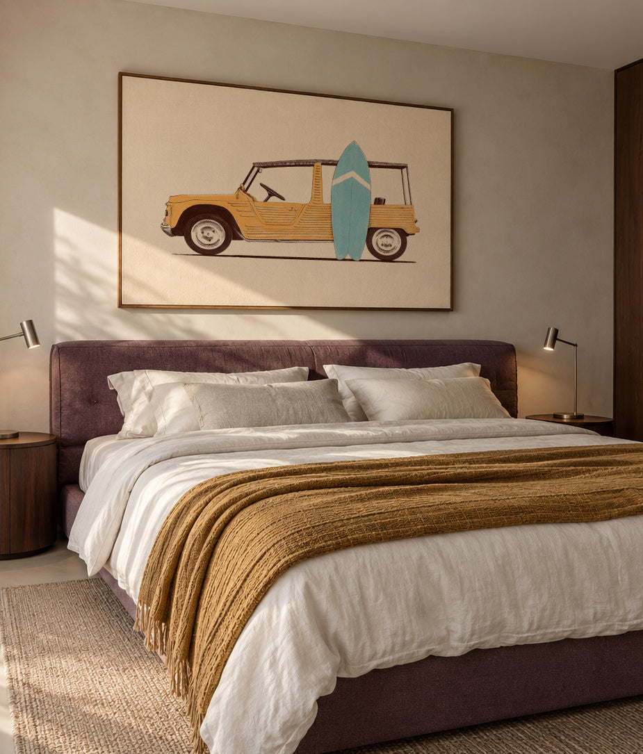 Vintage Car with Surfboard - Framed canvas in an interior