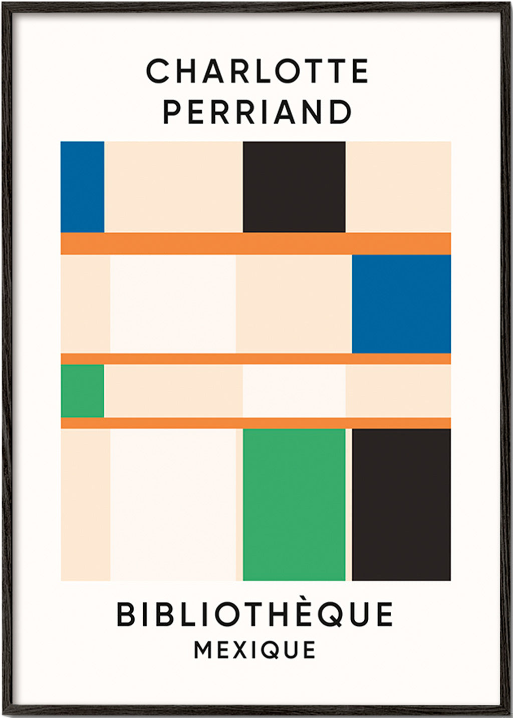 Geometrický plakát s bloky a typografií 'Bibliothèque'