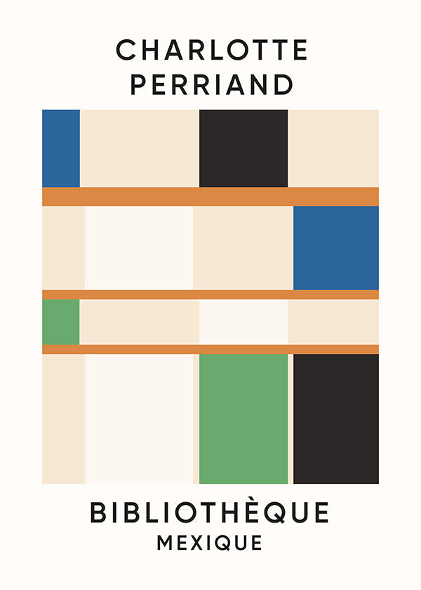 Geometrický plakát s bloky a typografií 'Bibliothèque'