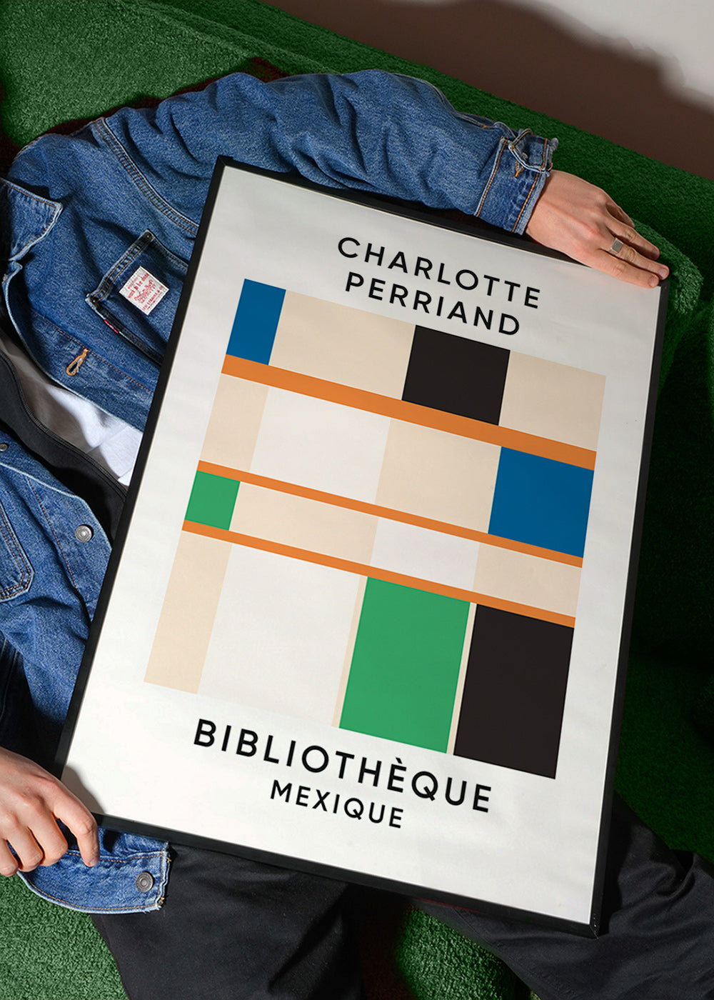 Geometrický plakát s bloky a typografií 'Bibliothèque'