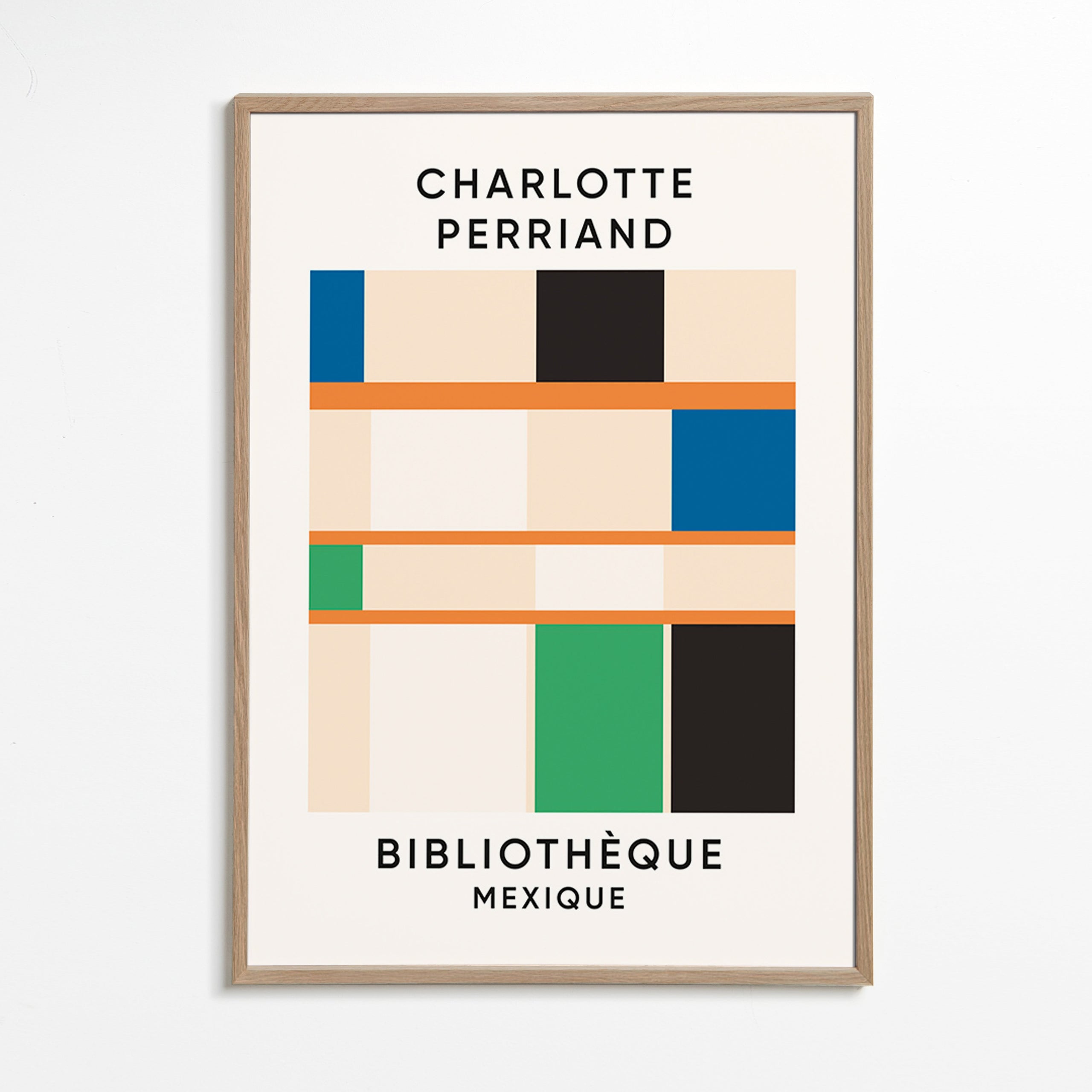 Geometrický plakát s bloky a typografií 'Bibliothèque'