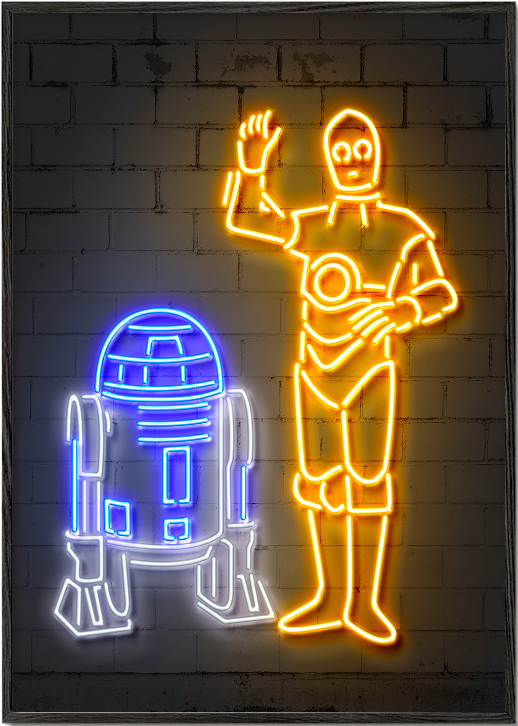 Neonová ilustrace robotů na zeď