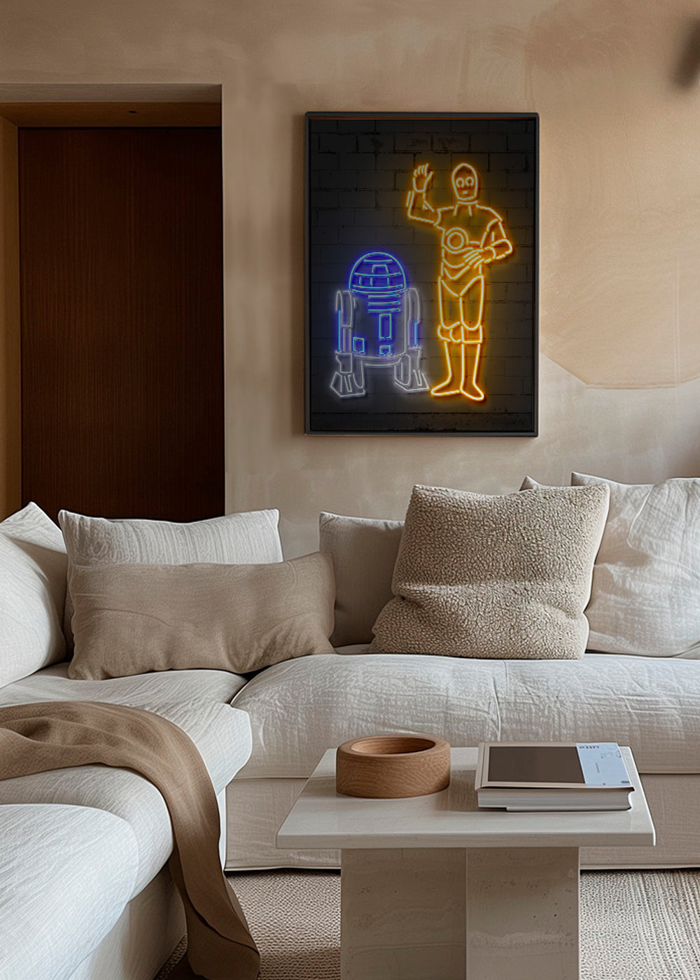 Neonová ilustrace robotů na zeď