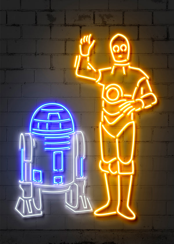 Neonová ilustrace robotů na zeď