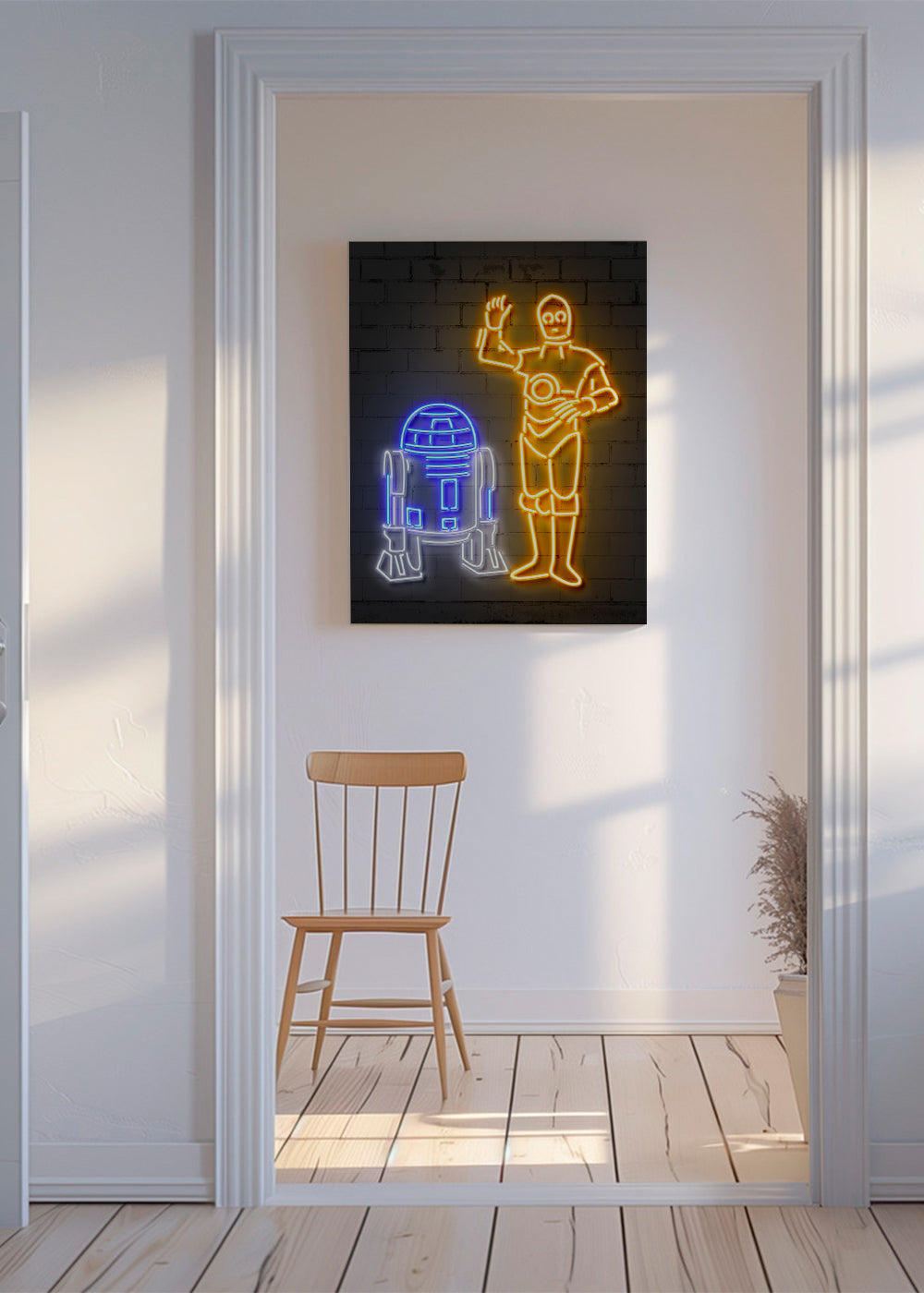 Neonová ilustrace robotů na zeď
