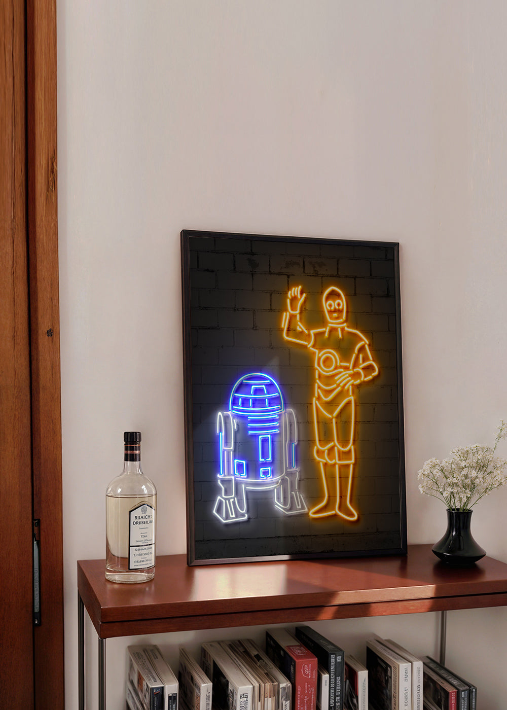 Neonová ilustrace robotů na zeď