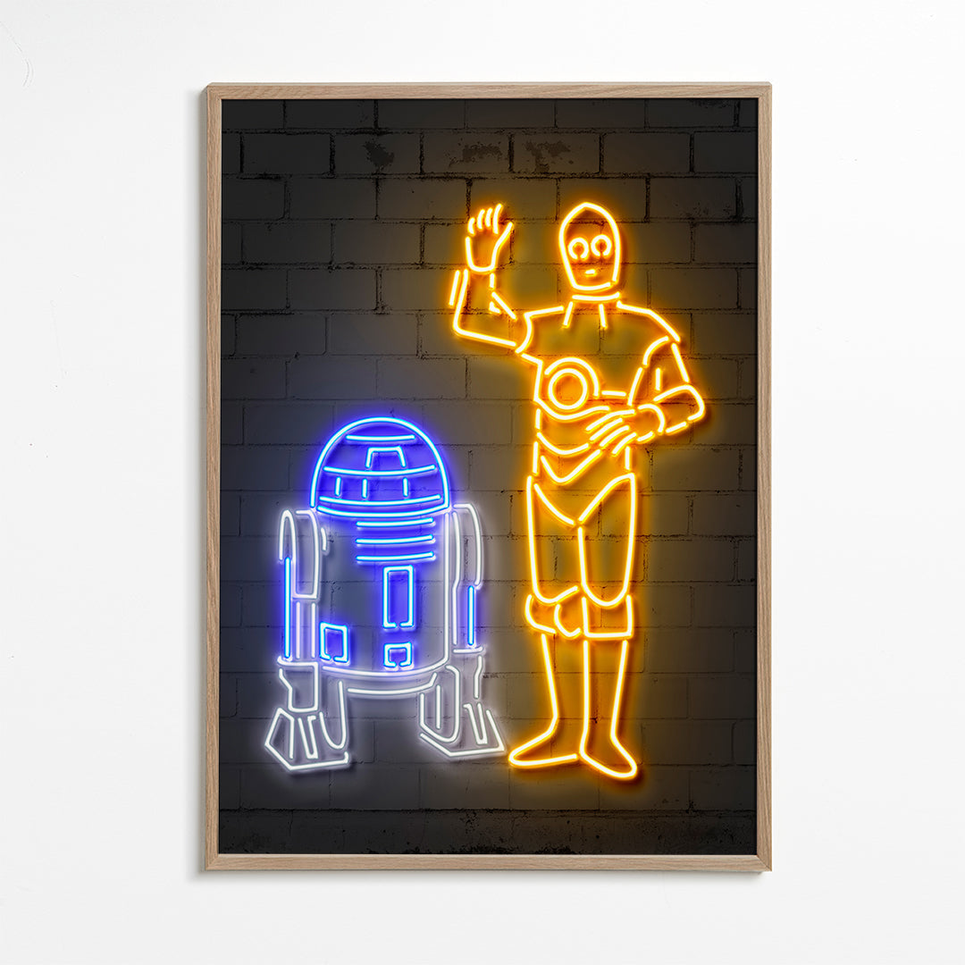 Neonová ilustrace robotů na zeď