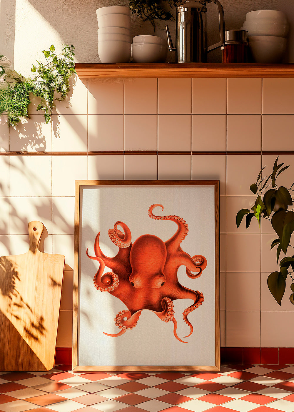 Ilustrace chobotnice v červené