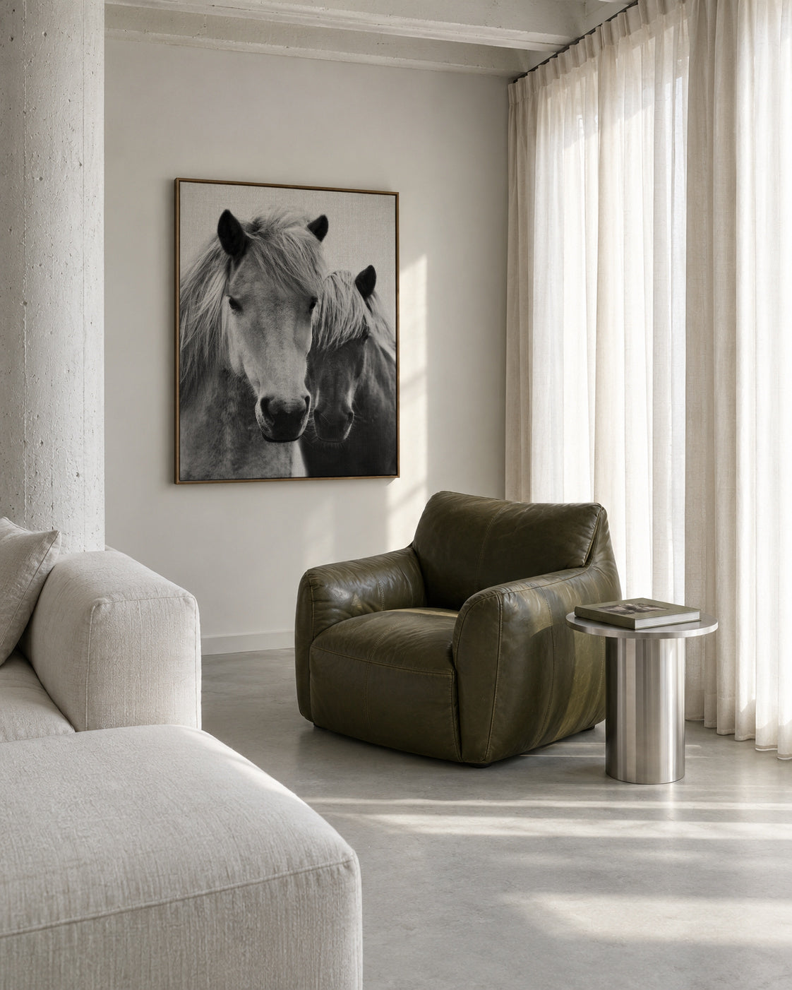 Horses - Black & White 7 - Framed canvas in an interior