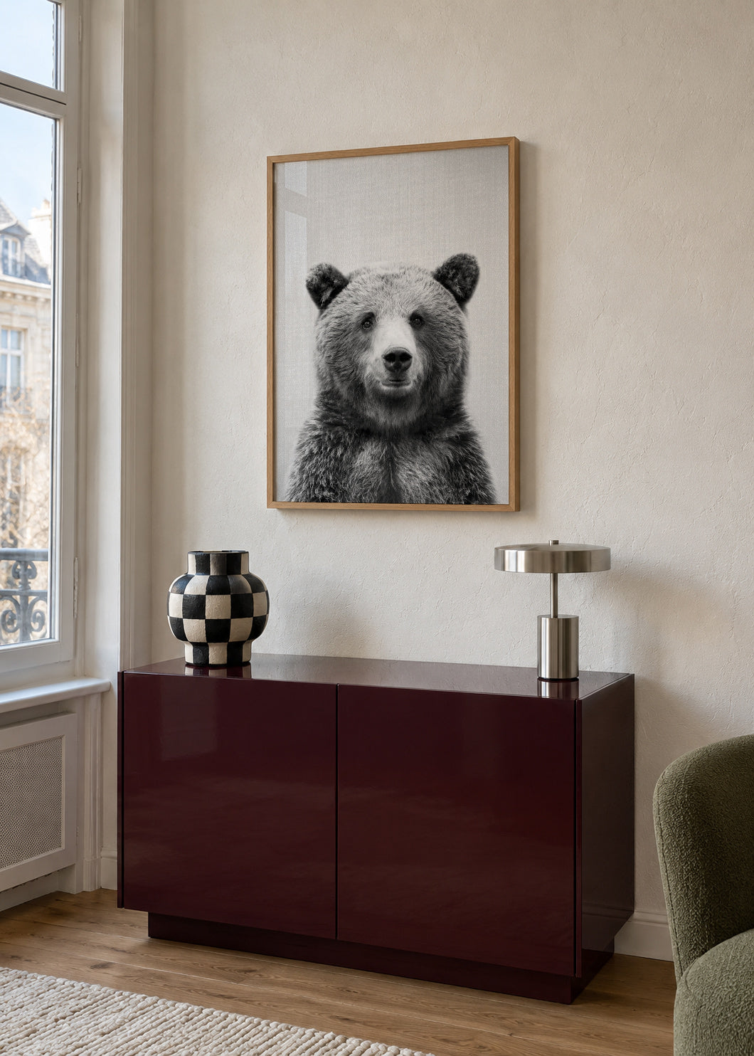 Grizzly Bear - Black & White - Framed poster in an interior