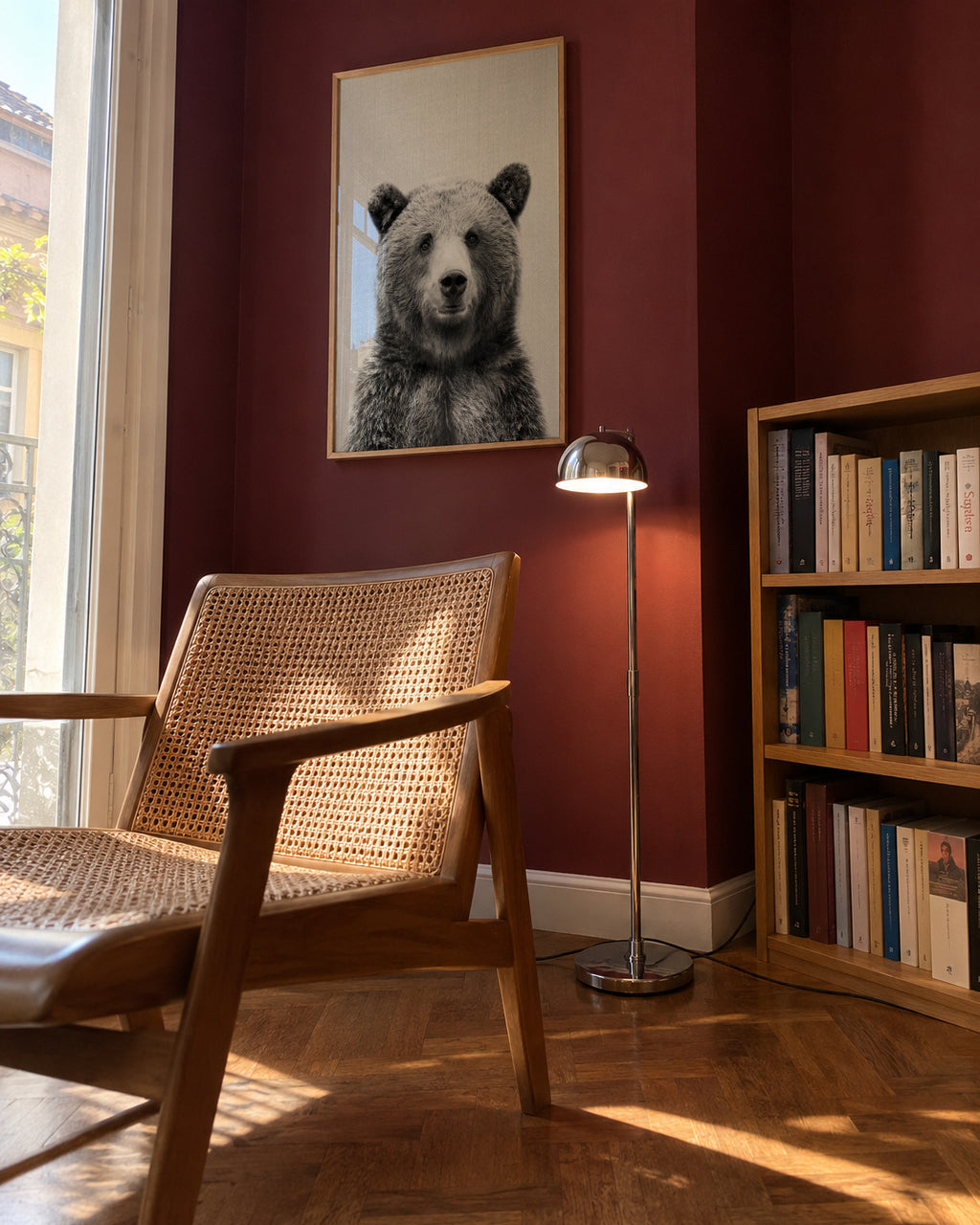 Grizzly Bear - Black & White - Framed poster in an interior