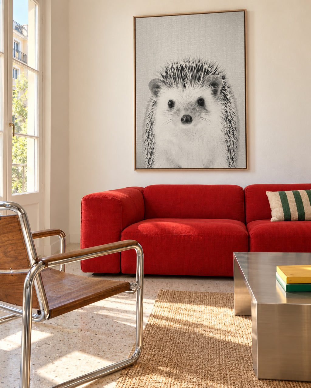 Hedgehog - Black & White - Framed canvas in an interior