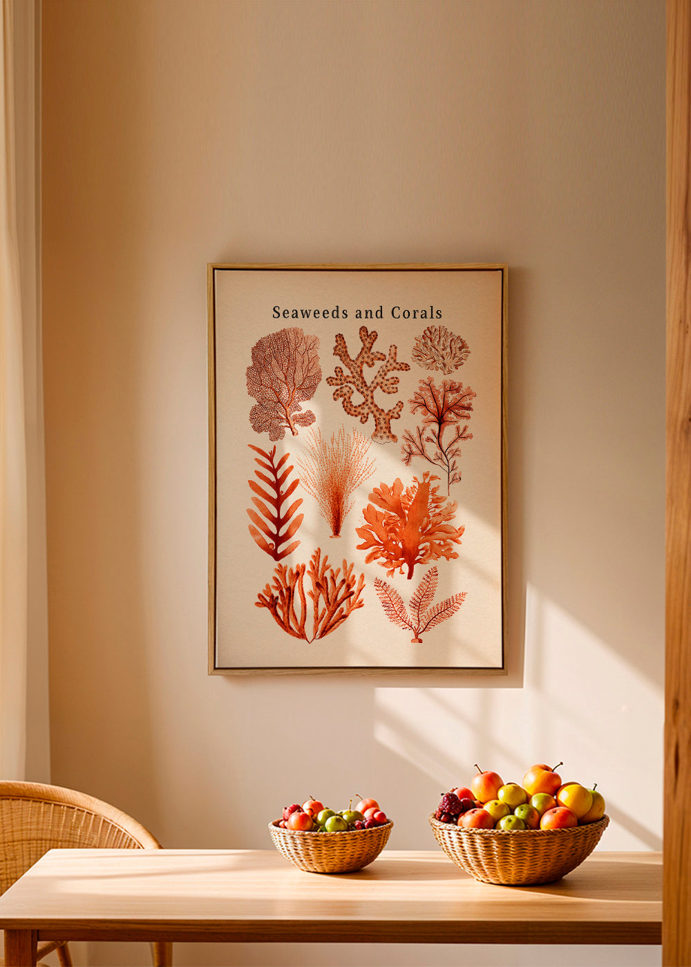 Botanický plakát: řasy a korály v sépii