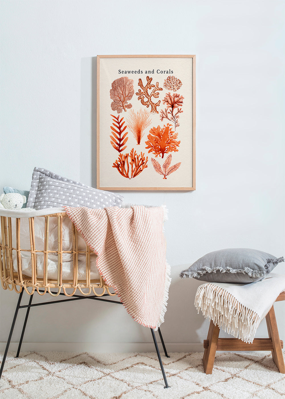 Botanický plakát: řasy a korály v sépii