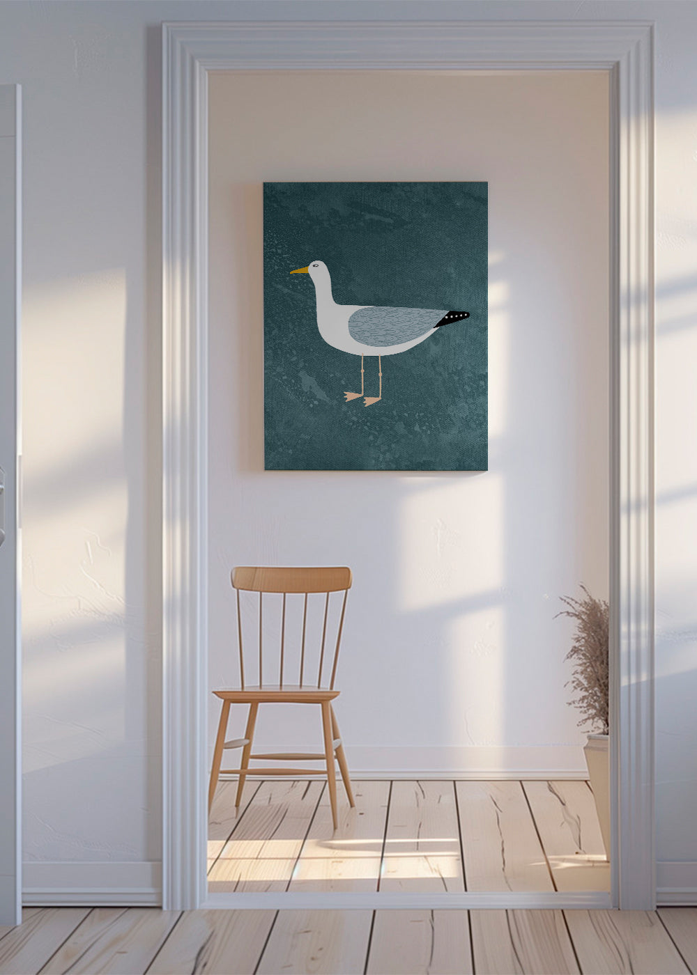 Ilustrace racek na modrém pozadí