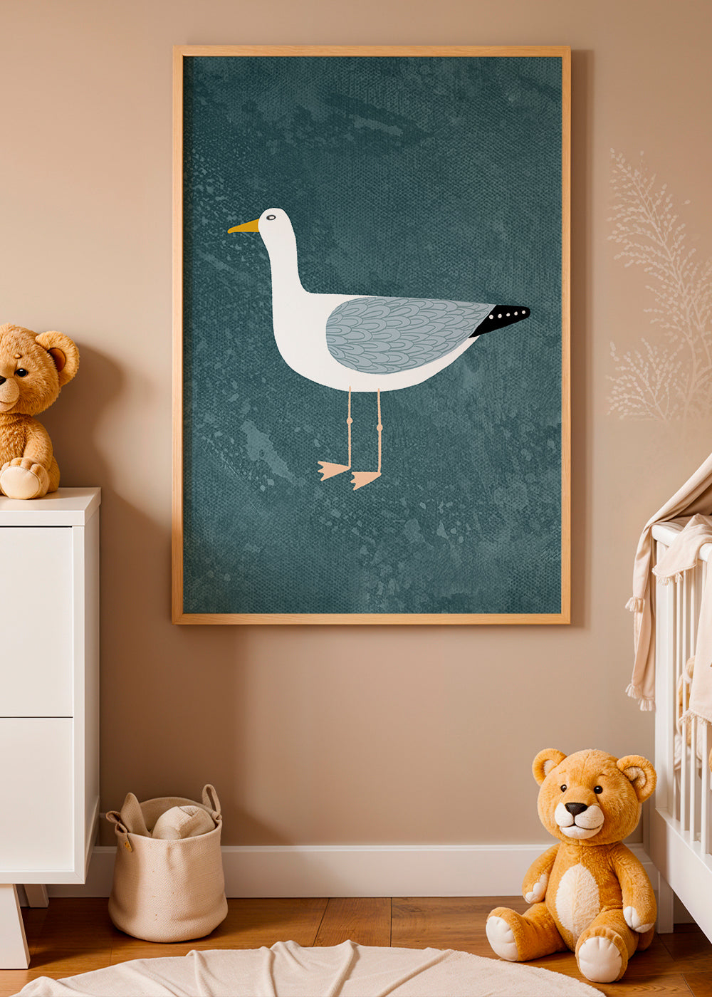Ilustrace racek na modrém pozadí