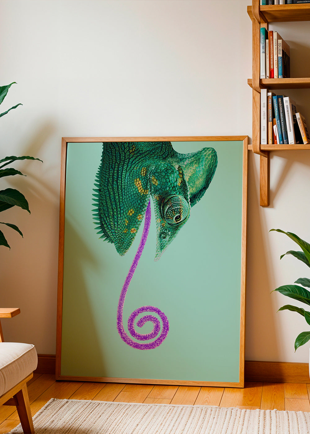 Obraz chameleon zelený s točitým jazykem