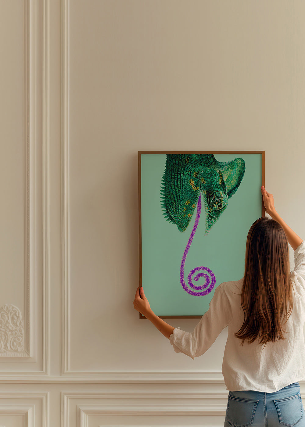 Obraz chameleon zelený s točitým jazykem