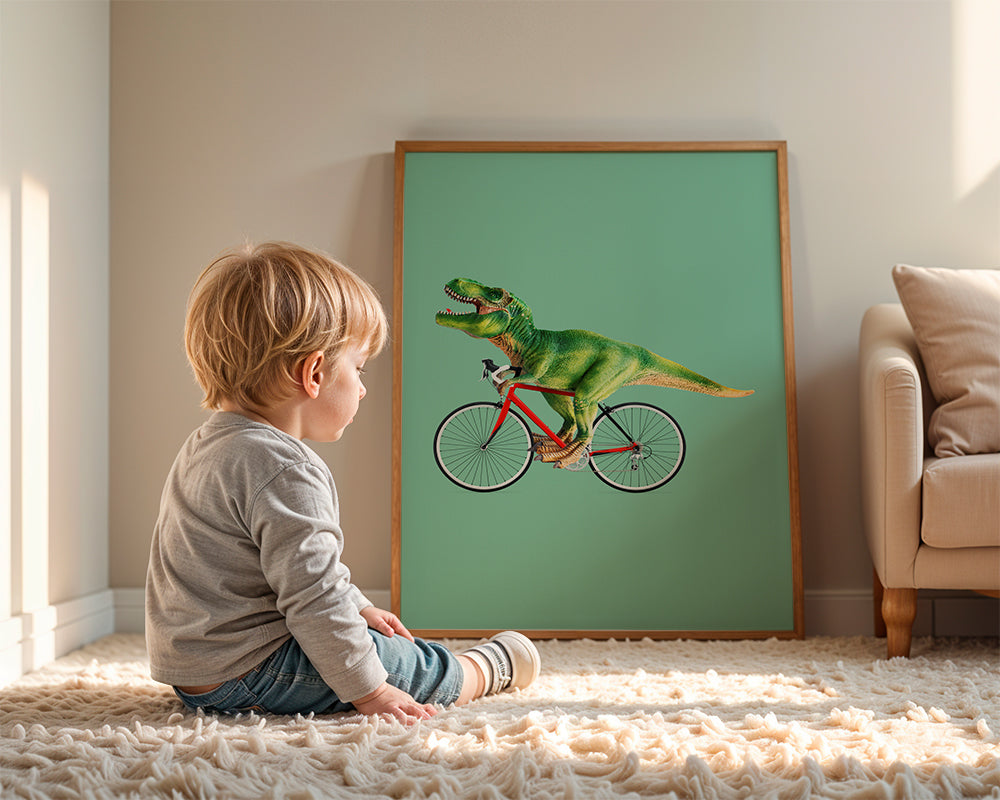 Obraz T-Rex na kole na zeleném pozadí