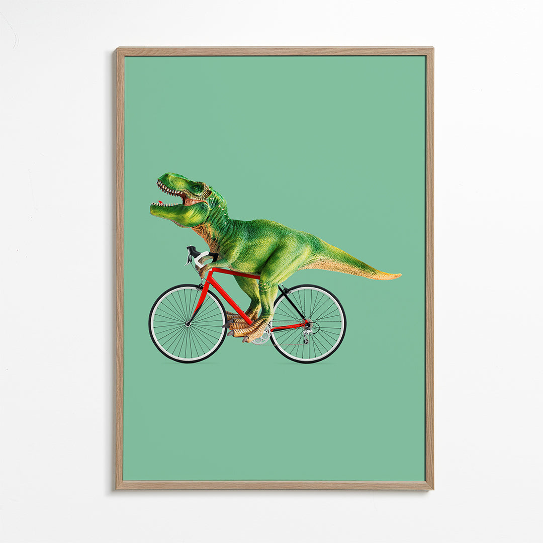 Obraz T-Rex na kole na zeleném pozadí