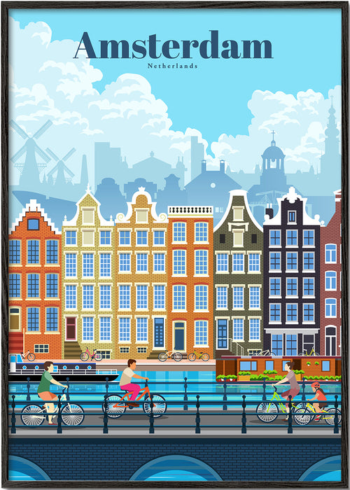 Cestovatelský plakát Amsterdam kanály a kola