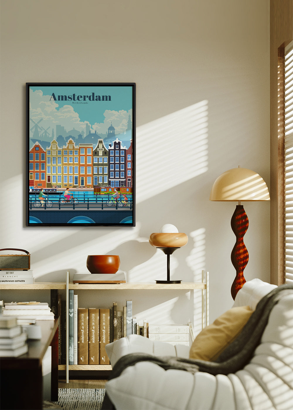 Cestovatelský plakát Amsterdam kanály a kola