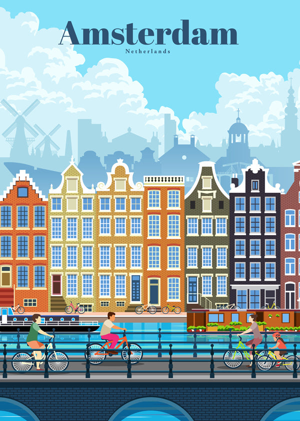 Cestovatelský plakát Amsterdam kanály a kola