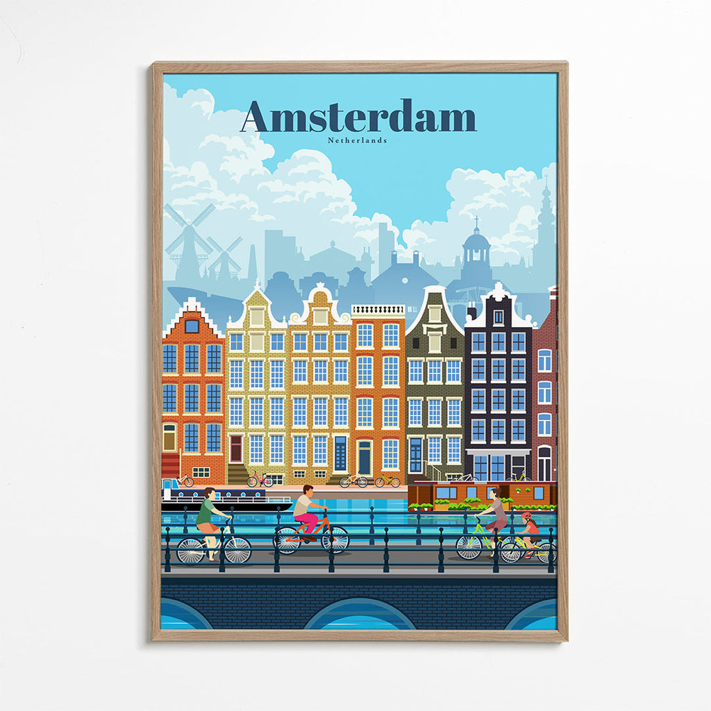 Cestovatelský plakát Amsterdam kanály a kola