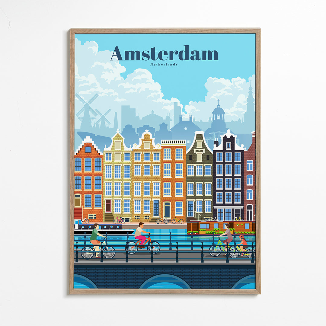 Cestovatelský plakát Amsterdam kanály a kola
