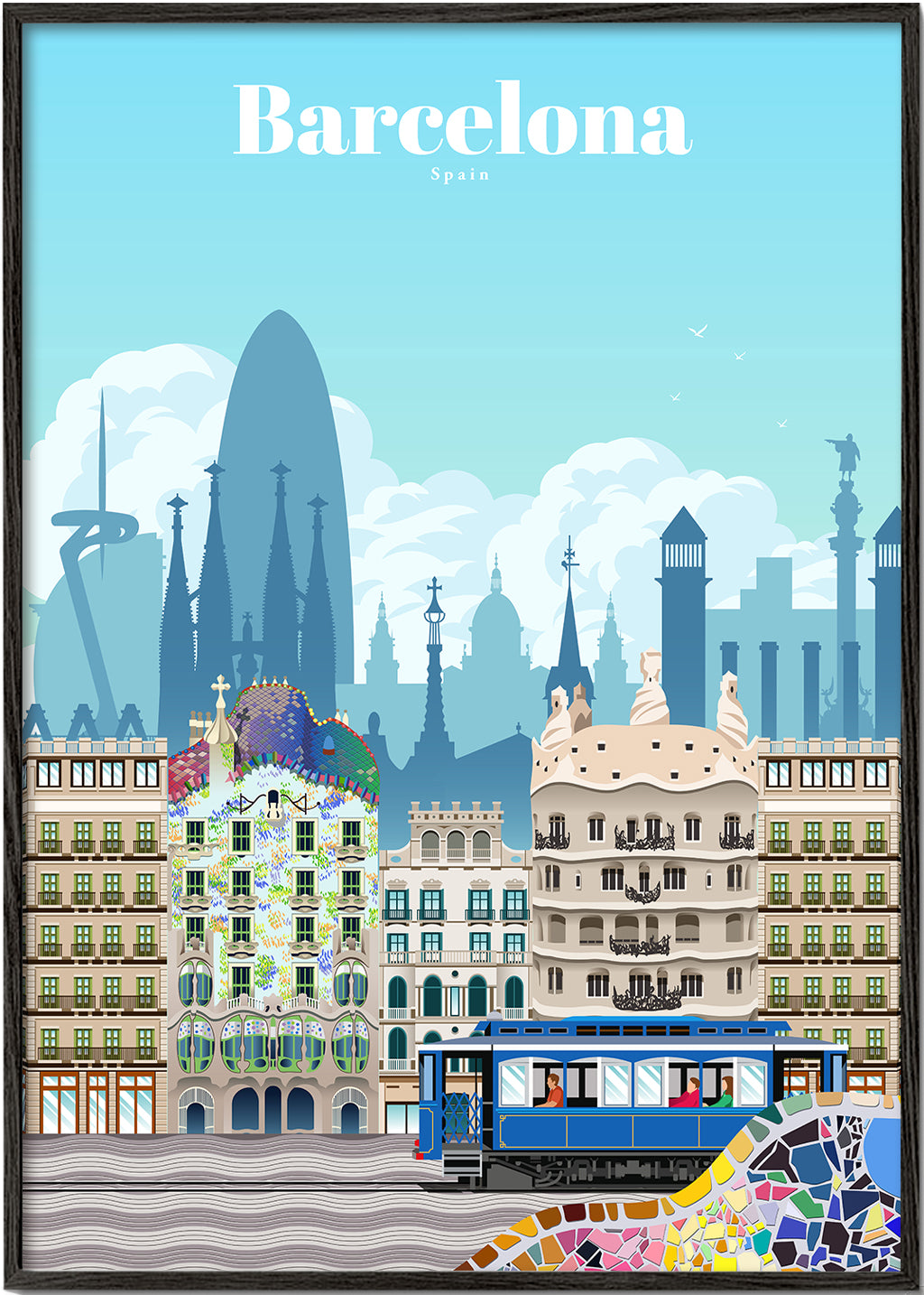 Plakát Barcelona cestování ilustrované panorama