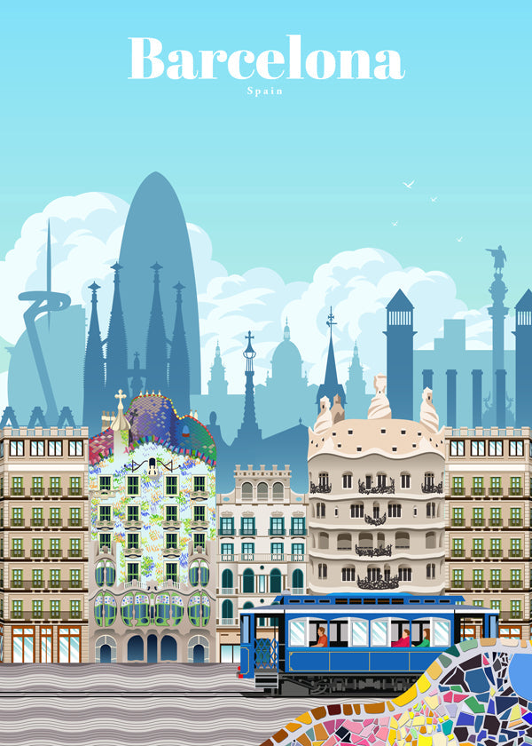 Plakát Barcelona cestování ilustrované panorama