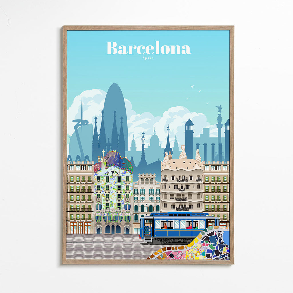 Plakát Barcelona cestování ilustrované panorama