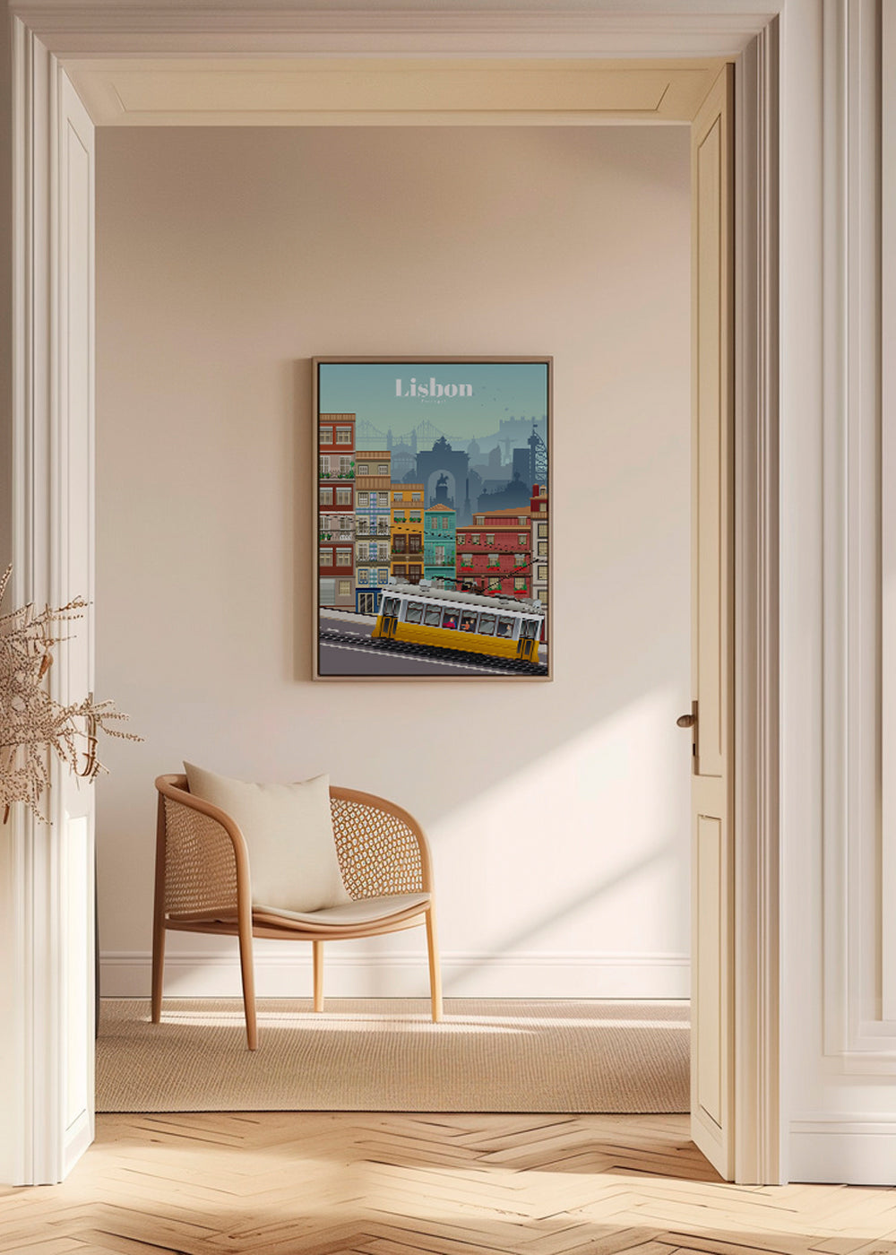 Plakát z cest: žlutý tramvaj Lisabon