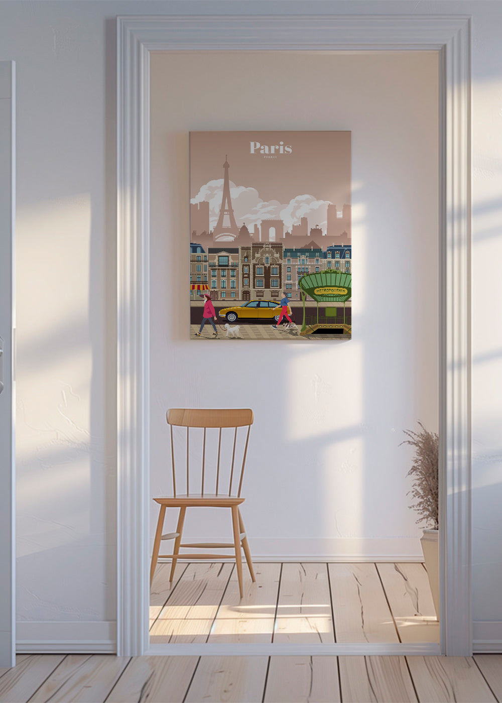 Cestovatelský plakát Paříž s ilustrací a vstupem do metra