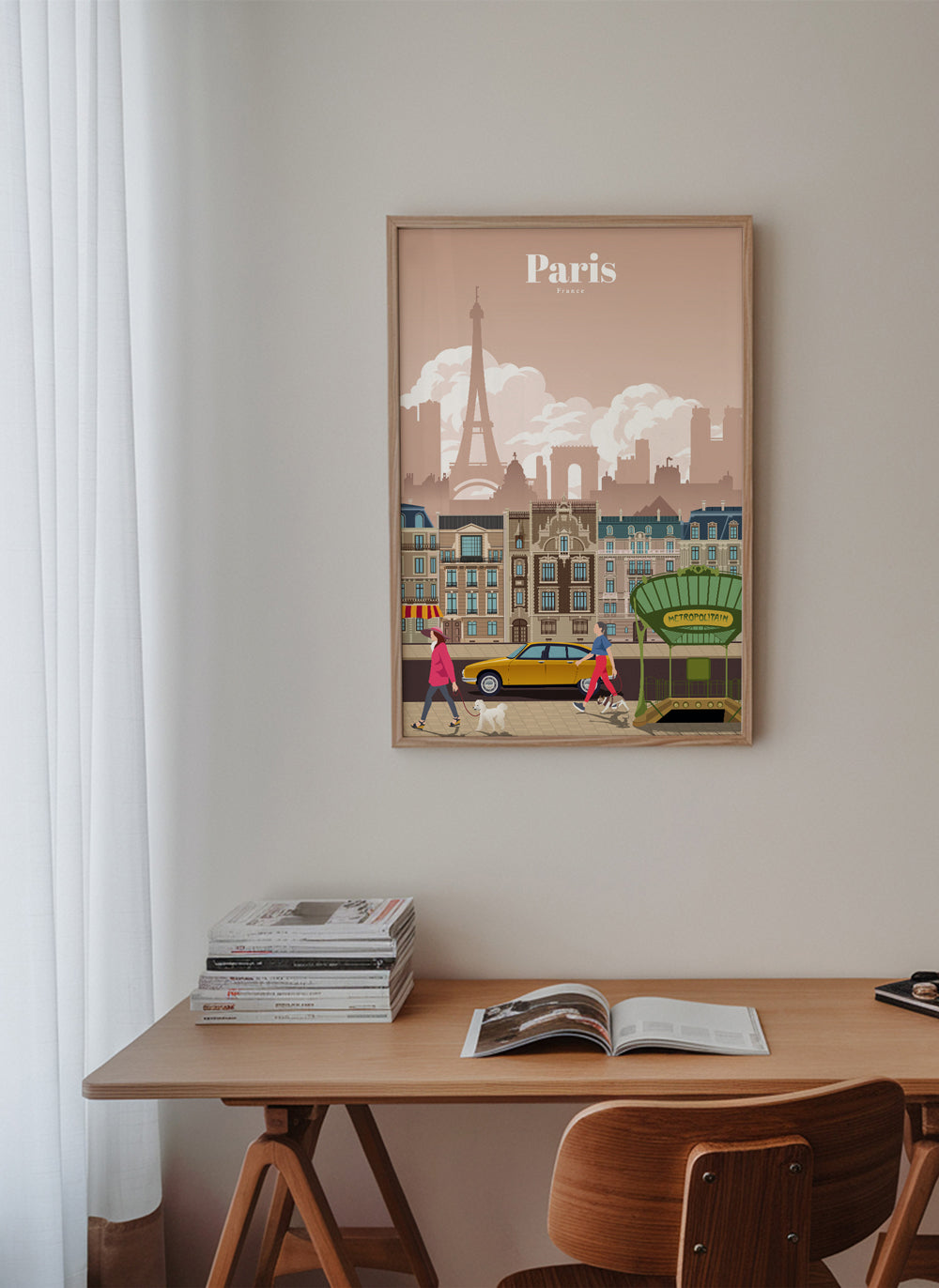 Cestovatelský plakát Paříž s ilustrací a vstupem do metra