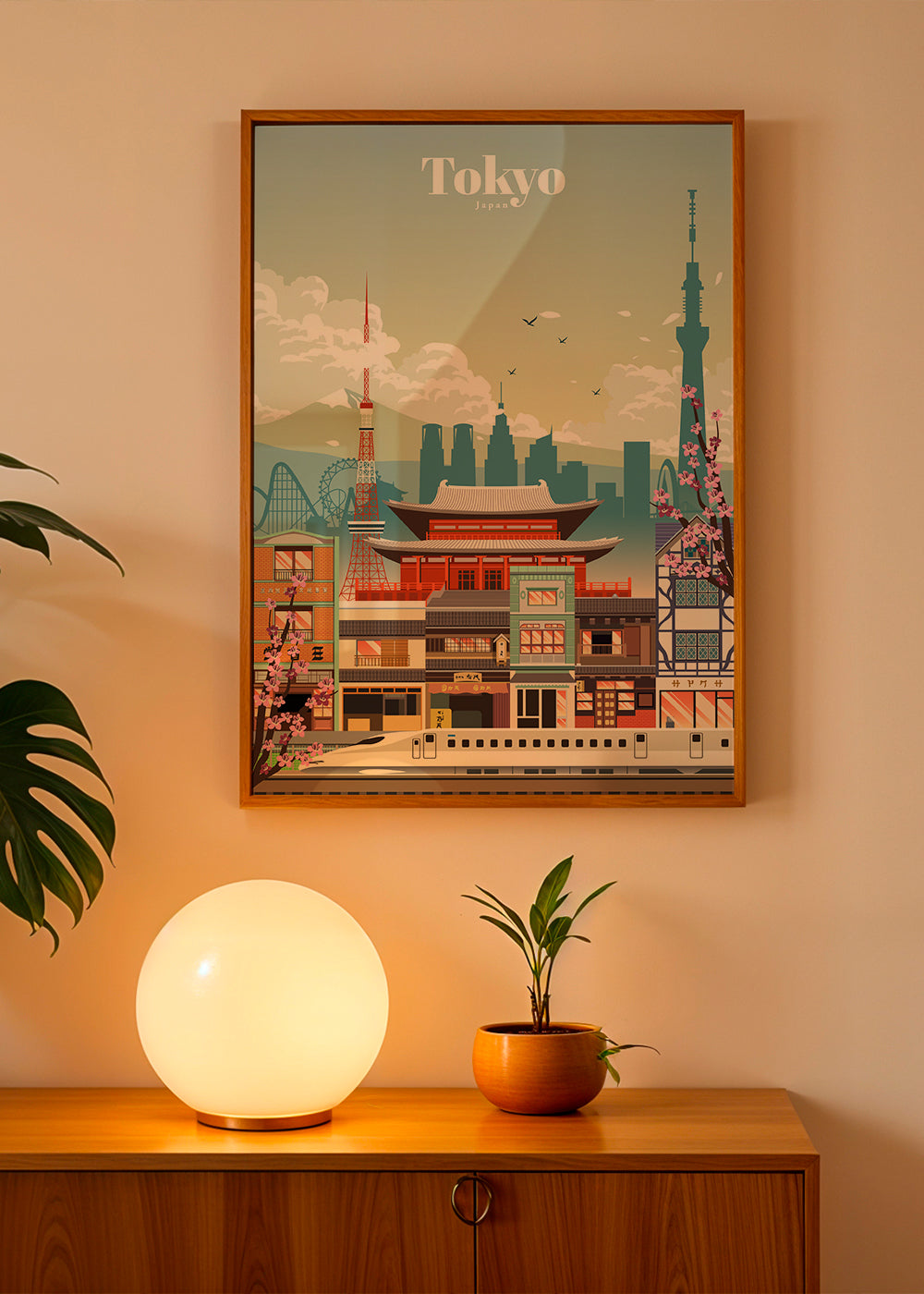 Plakát Tokio s chrámem a šinkansenem