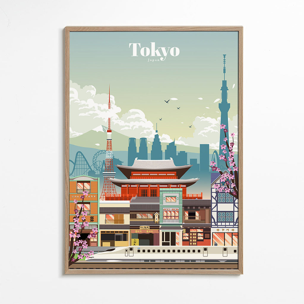Plakát Tokio s chrámem a šinkansenem
