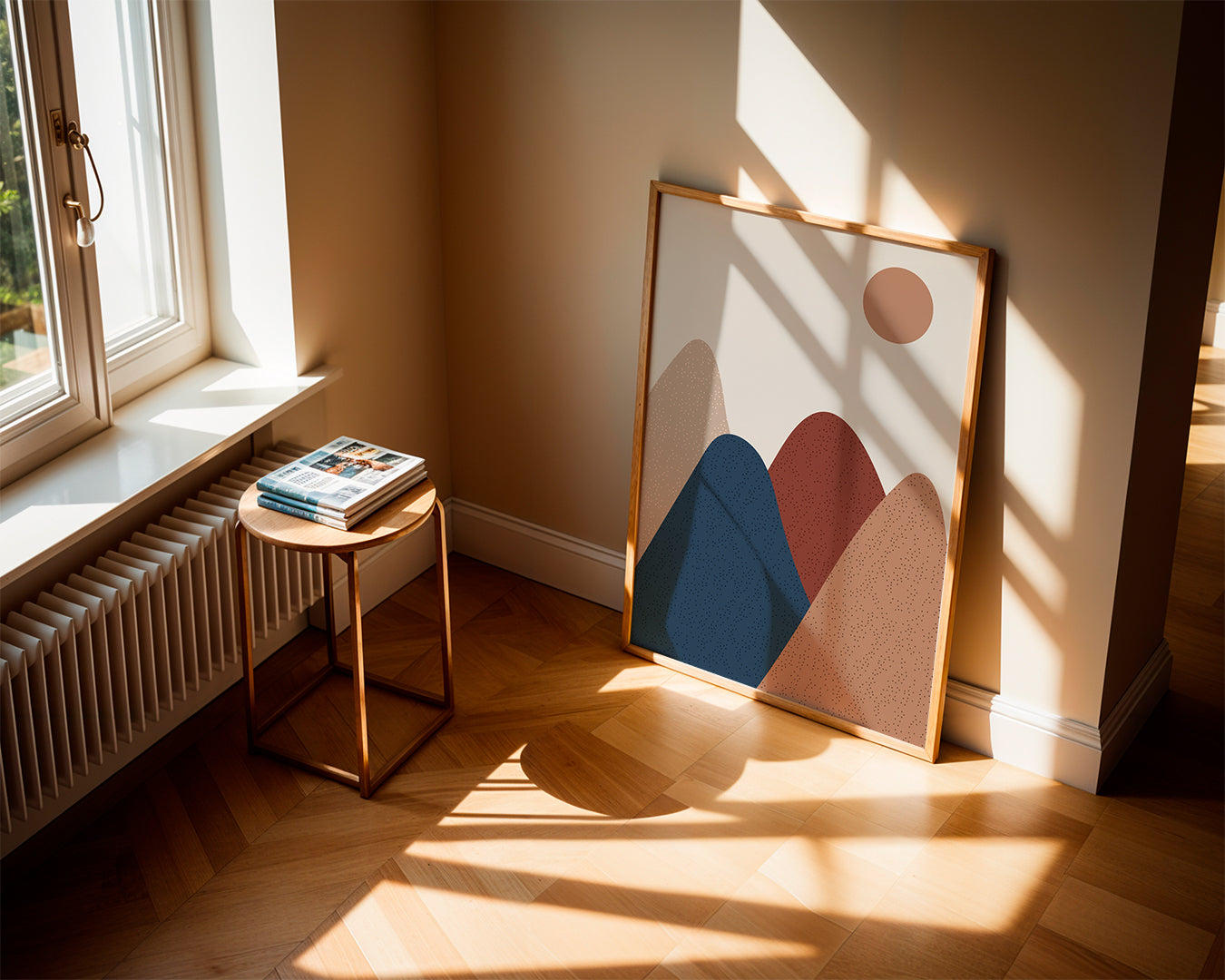 Krajinný obraz: minimalistické hory v teplých tónech