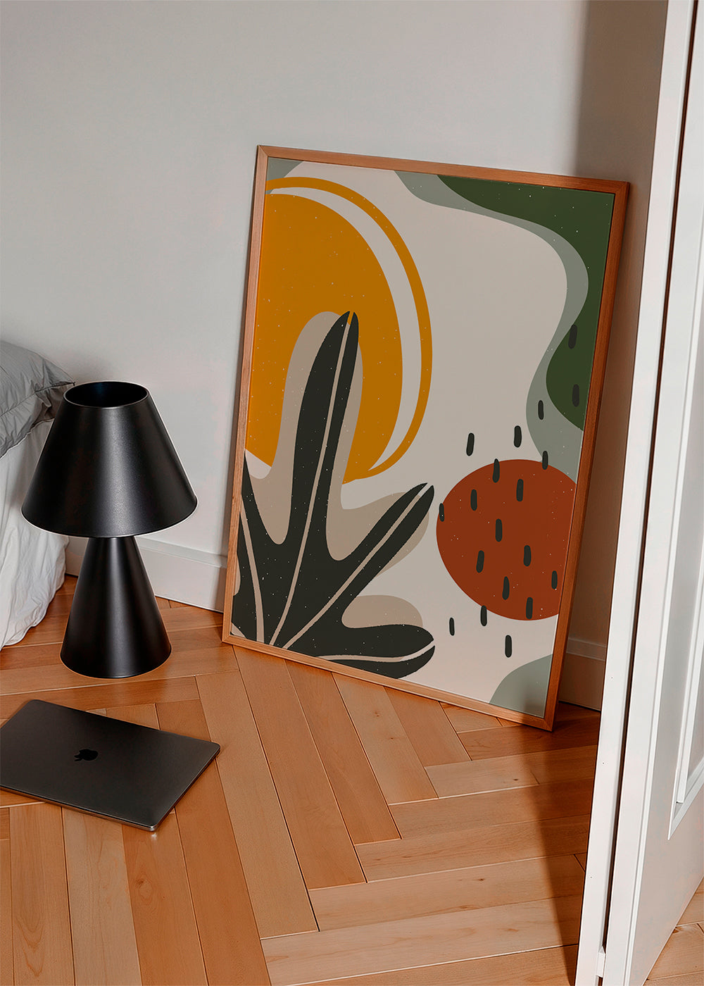 Botanický plakát s organickými tvary hořčice a terakoty